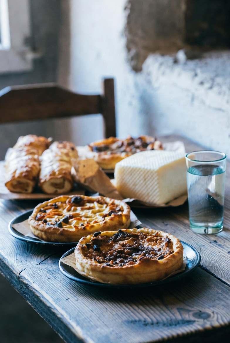 Παραδοσιακές πίτες και τυριά σε ξύλινο τραπέζι